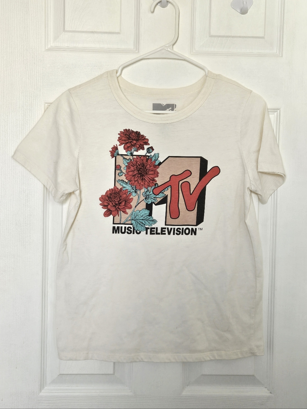 MTV Cream Tee with Red Floral and Teal Accents
